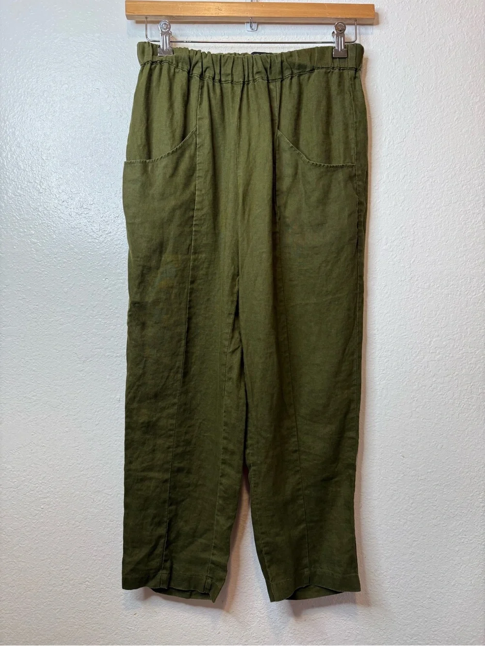 Quince Women's Martini Olive Green Linen Casual Pants Elastic Waist Size S